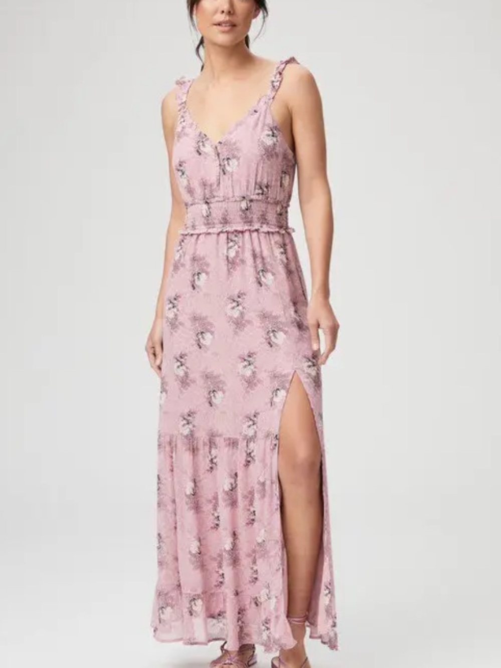Paige 100% silk Pink Floral Ruffle-Strap Maxi Dress size M
